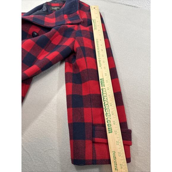 Talbots Womens Pea Coat Red Buffalo Plaid Lined Wool Jacket Sz L 14 Petite Navy - Picture 8 of 16
